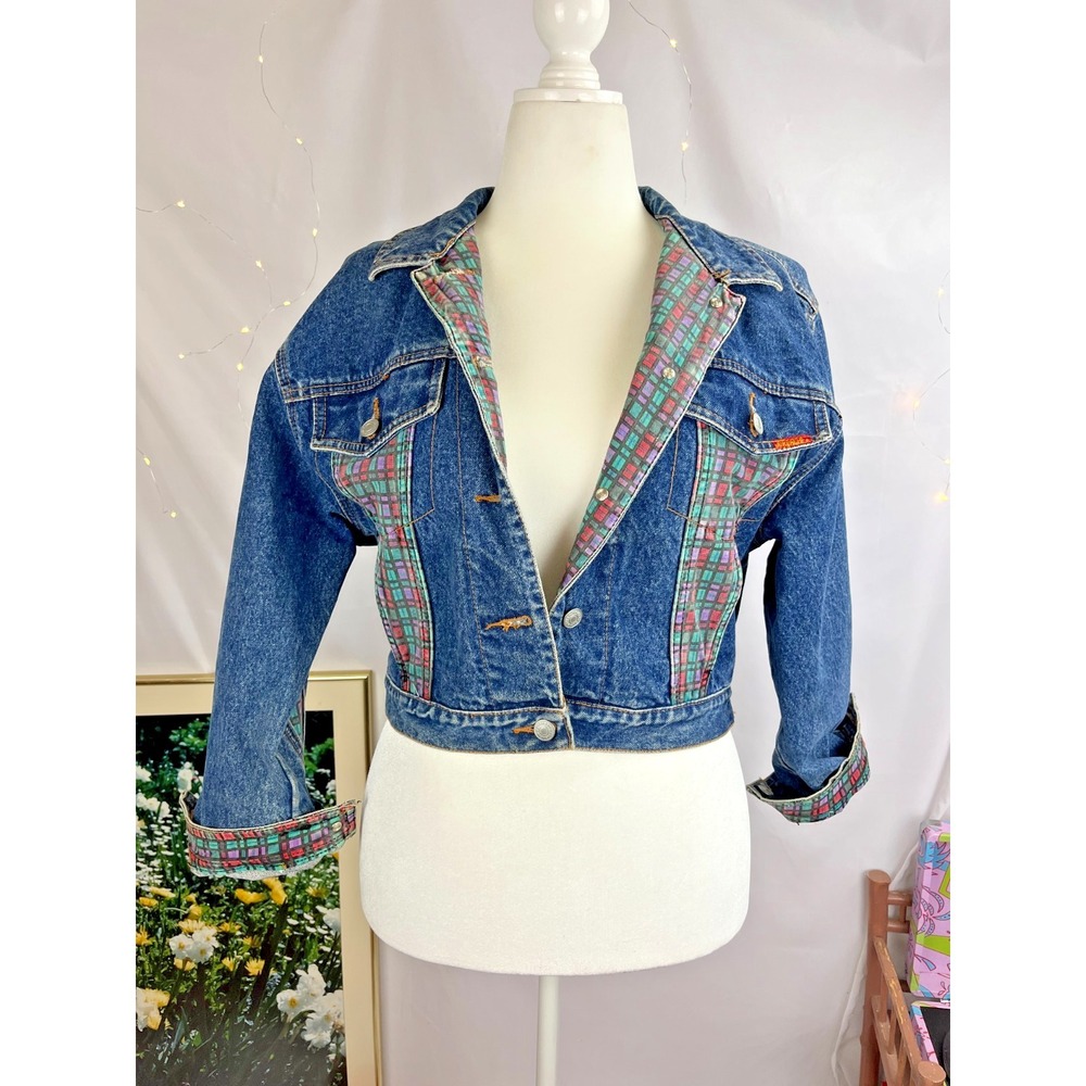 Vintage 80's Jordache Plaid Patchwork Denim Jacket Med Retro Eclectic Grandpa